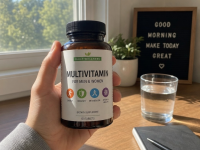person holding a multivitamin bottle in the morning