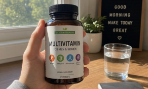 person holding a multivitamin bottle in the morning