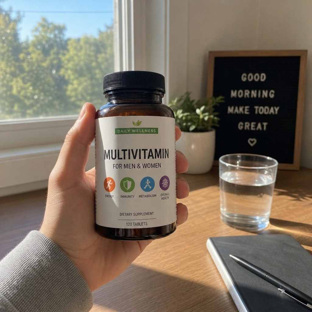 person holding a multivitamin bottle in the morning