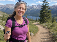 A healthy and active woman over 50 enjoying a sunny outdoor hike