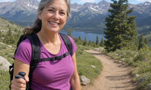 A healthy and active woman over 50 enjoying a sunny outdoor hike