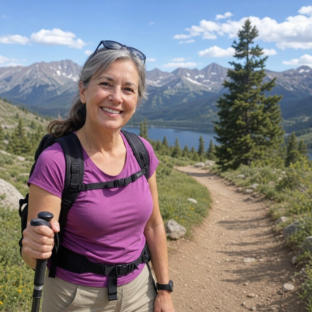 A healthy and active woman over 50 enjoying a sunny outdoor hike