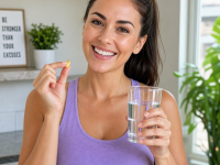 A healthy, energetic woman in her 30s smiling while holding a glass of water and a vitamin