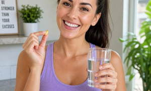 A healthy, energetic woman in her 30s smiling while holding a glass of water and a vitamin
