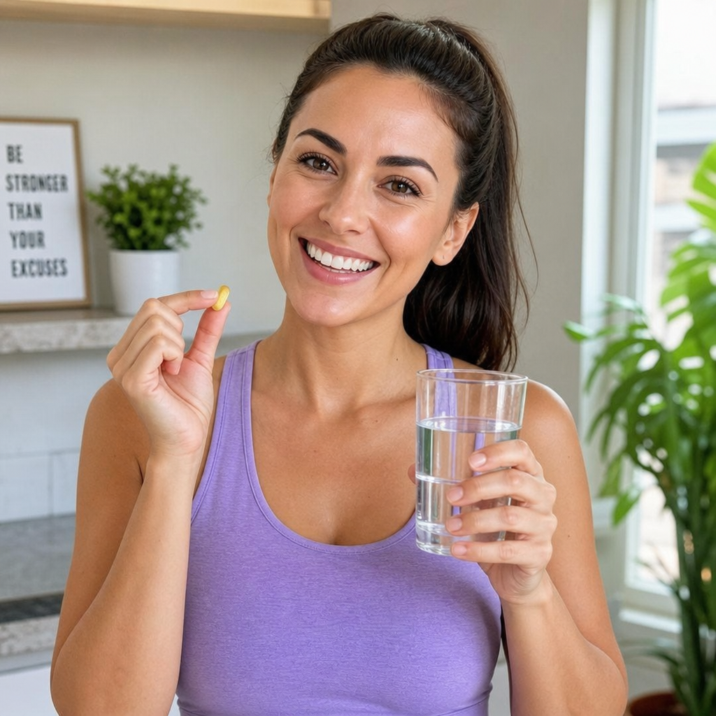 A healthy, energetic woman in her 30s smiling while holding a glass of water and a vitamin