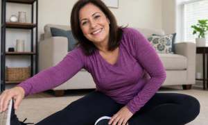 Middle-aged woman smiling in activewear while stretching in a bright living room
