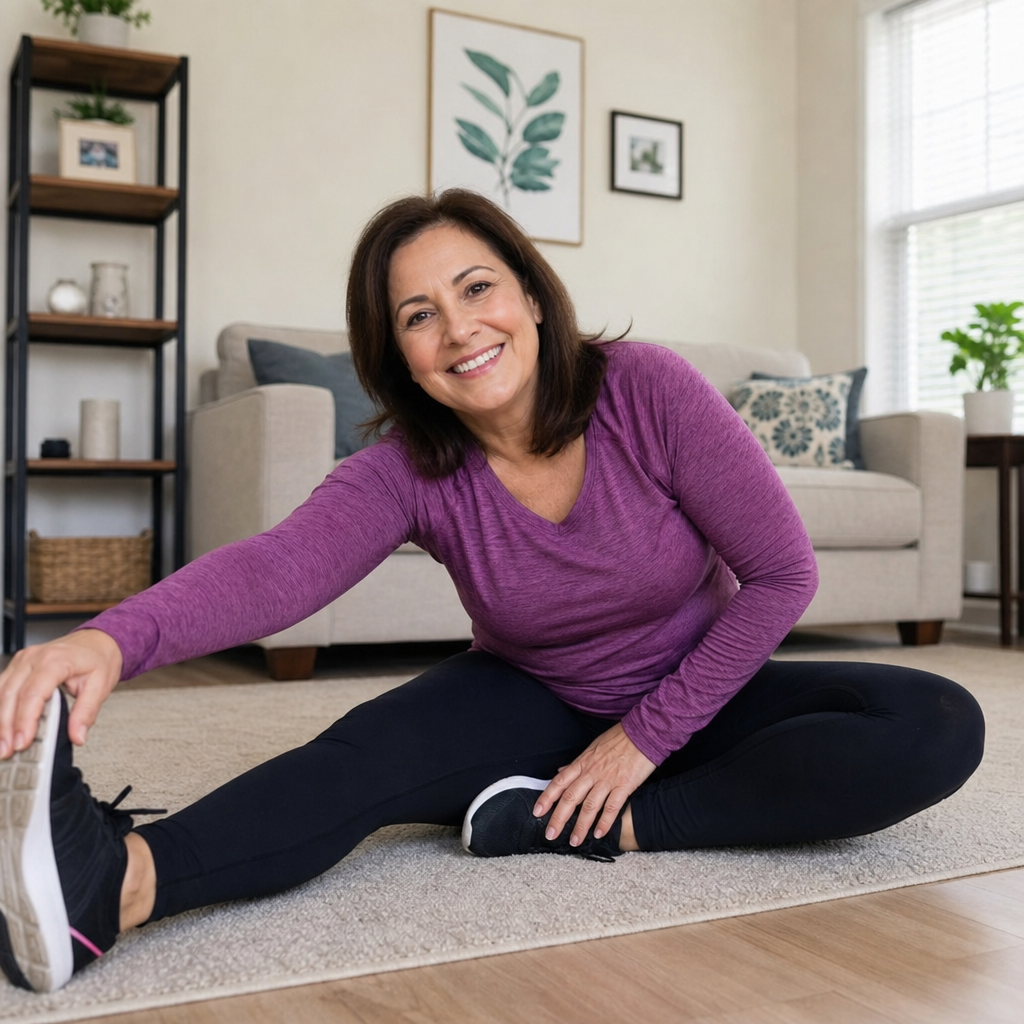 Middle-aged woman smiling in activewear while stretching in a bright living room