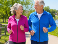 Vibrant senior couple jogging outdoors on a sunny day