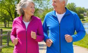 Vibrant senior couple jogging outdoors on a sunny day