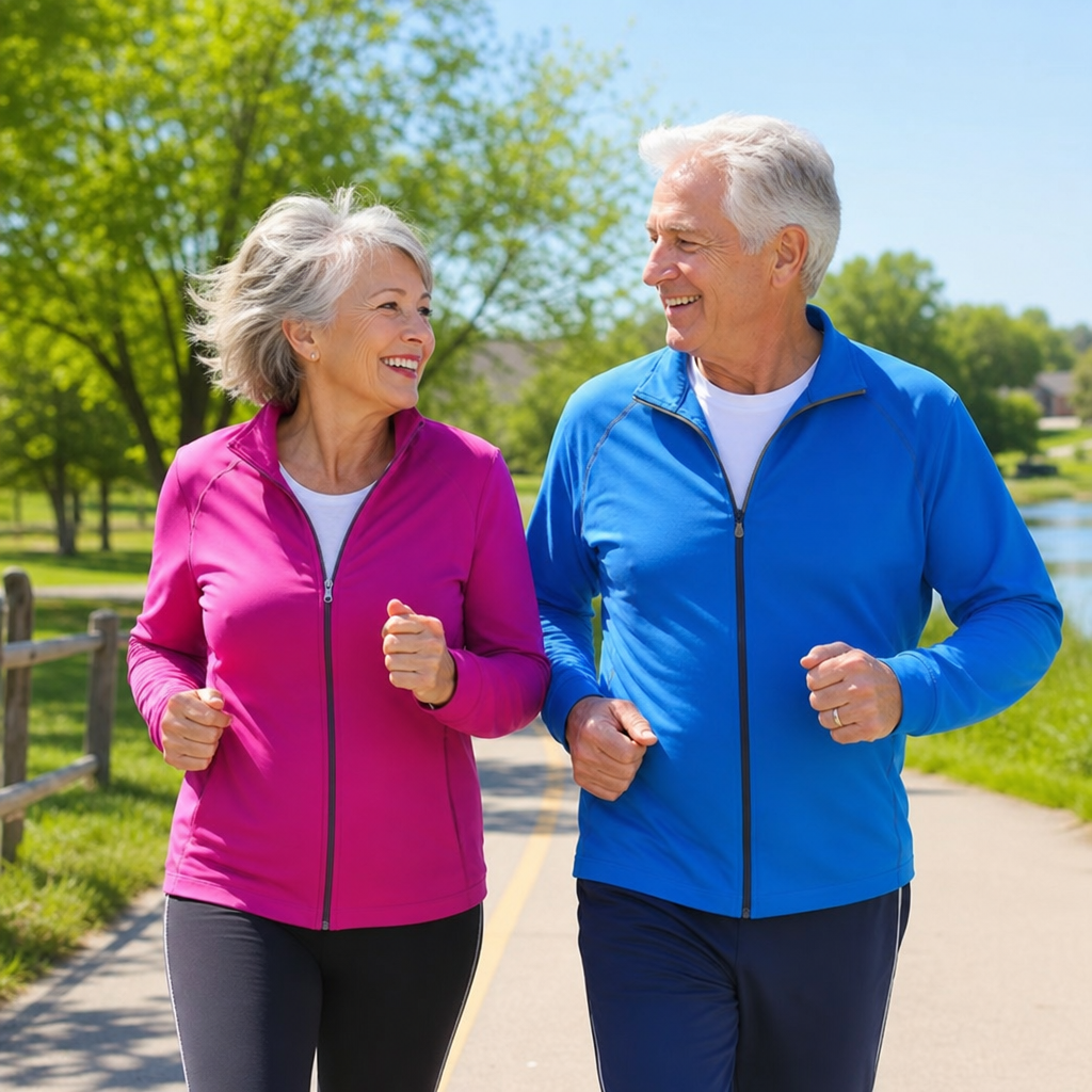 Vibrant senior couple jogging outdoors on a sunny day